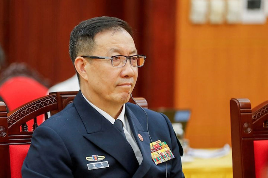 Chinese minister of national defense Dong Jun attends a meeting at the Office of the Party Central Committee in Hanoi, Vietnam, Monday, April 14, 2025.
