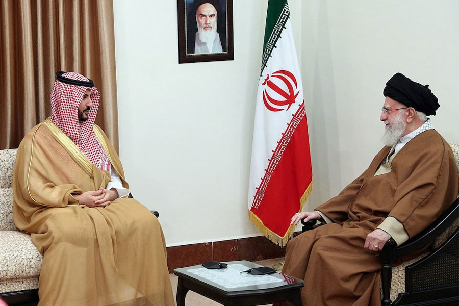 Iran's Supreme Leader Ayatollah Ali Khamenei meets Saudi Defence Minister Prince Khalid bin Salman in Tehran, Iran, April 17, 2025.