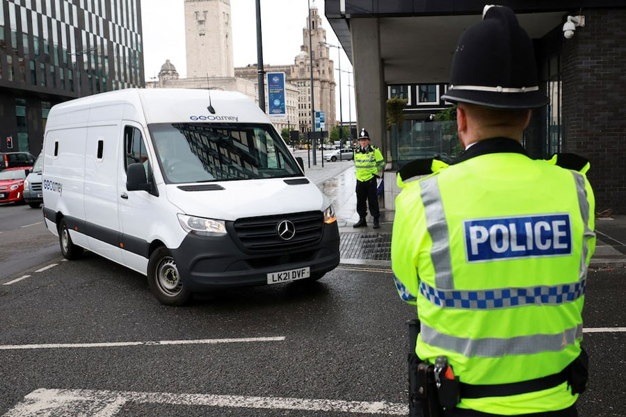 A prison van believed to be transporting Paul Doyle, the 53-year old charged with multiple offences including dangerous driving and causing grievous bodily harm after a car drove into a crowd at Liverpool FC's trophy parade, arrives at Liverpool Magistrates' Court in Liverpool, Britain, May 30, 2025.