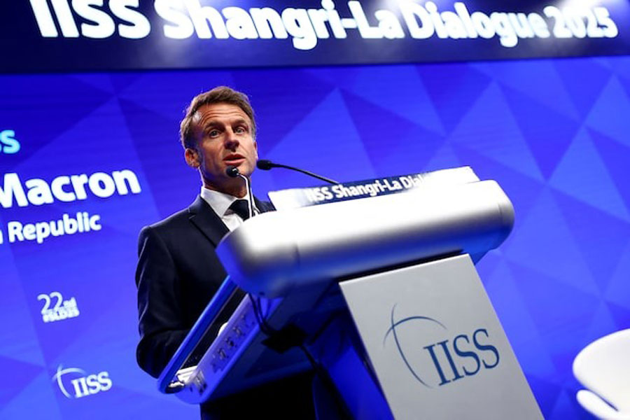 French President Emmanuel Macron delivers the keynote address at the IISS Shangri-La Dialogue security summit in Singapore, May 30, 2025.