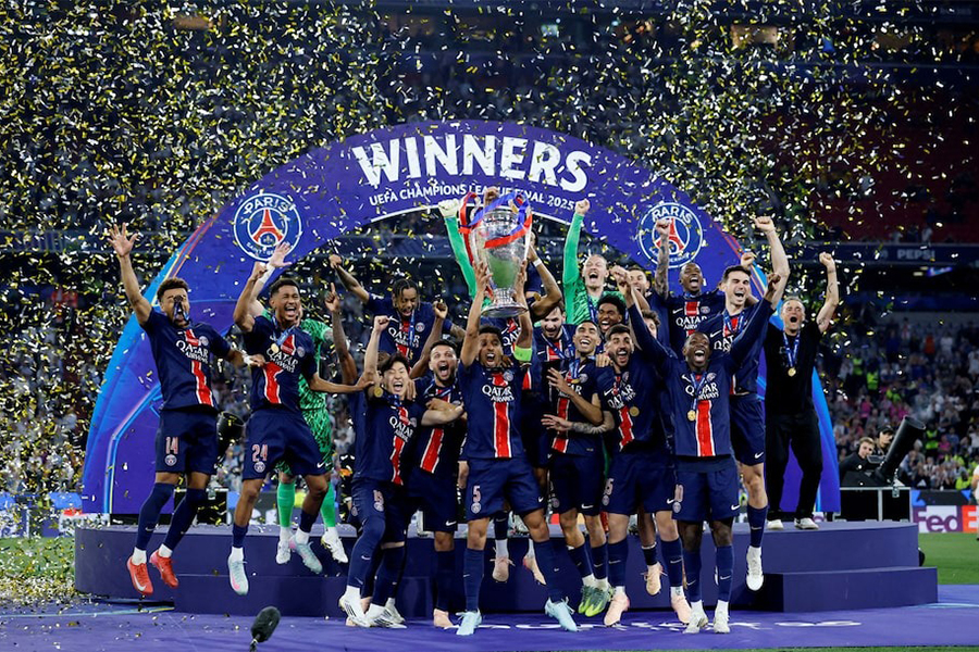 Paris St Germain's Marquinhos lifts the trophy as he celebrates with teammates after winning the Champions League Final against Inter Milan at the Allianz Arena in Munich, Germany on May 31, 2025 — Reuters photo