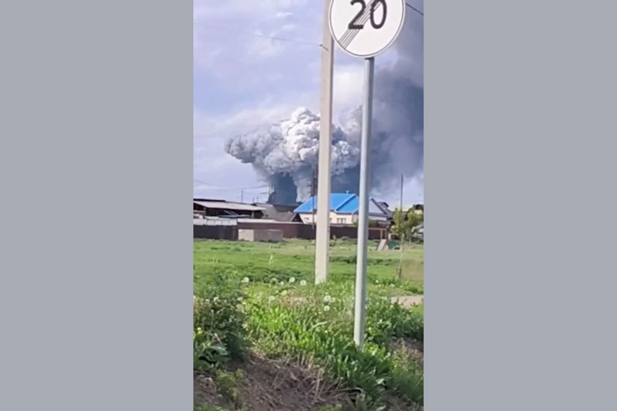 Smoke rises above the area following what local authorities called a drone attack on a military unit in the Sredny settlement, in the course of Russia-Ukraine conflict in the Usolsky district of the Irkutsk region, Russia, in this still image from a video published June 1, 2025.