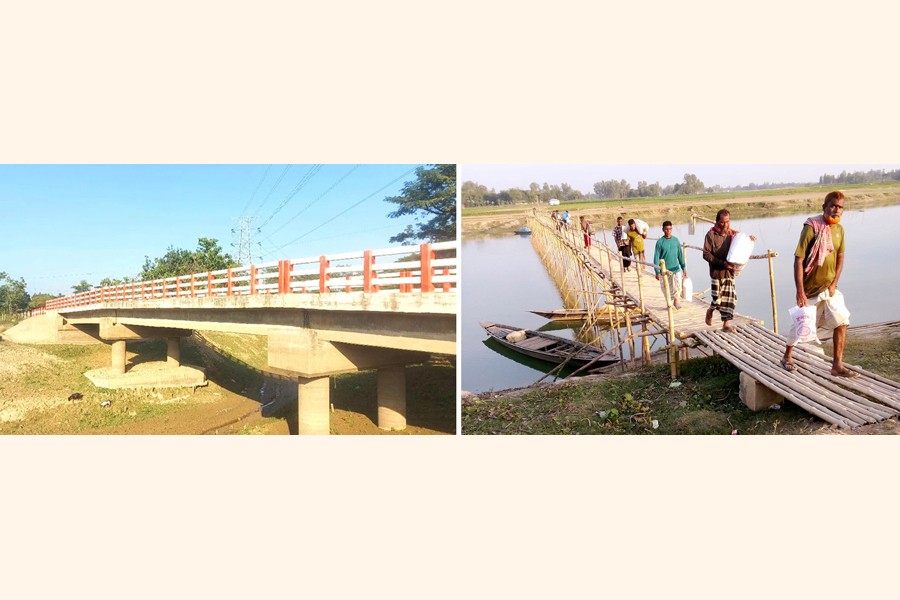 A bridge built with low height lying unused in Rajnagar upazila of Moulvibazar district (left) and locals crossing the Bangali River by using a bamboo bridge in Sonatala upazila of Bogura district