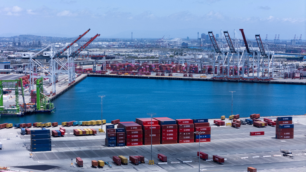 Cranes at the Port of Los Angeles are empty of cargo ships as shown with a drone at in San Pedro California, US, May 13, 2025. REUTERS