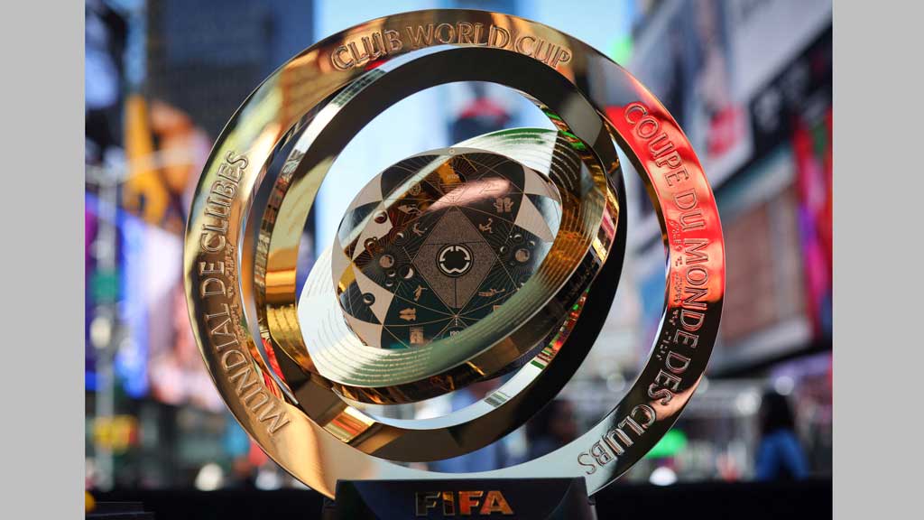 FILE PHOTO: The FIFA Club World Cup 2025 winners trophy is displayed in Times Square ahead of the tournament featuring 32 teams and 63 matches, spread across 12 stadiums in 11 US cities in June and July, in New York City, US, May 20, 2025. REUTERS/Mike Segar/File Photo