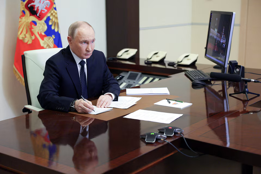 Russian President Vladimir Putin chairs a meeting with members of the government via video link at the Novo-Ogaryovo state residence outside Moscow, Russia June 4, 2025 — Sputnik/Pool via REUTERS