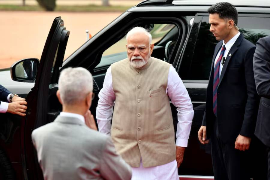 India’s Prime Minister Narendra Modi arrives to attend the ceremonial recption of Angola’s President Joao Manuel Goncalves Lourenco at the Rashtrapati Bhavan presidential palace in New Delhi, India, May 3, 2025.