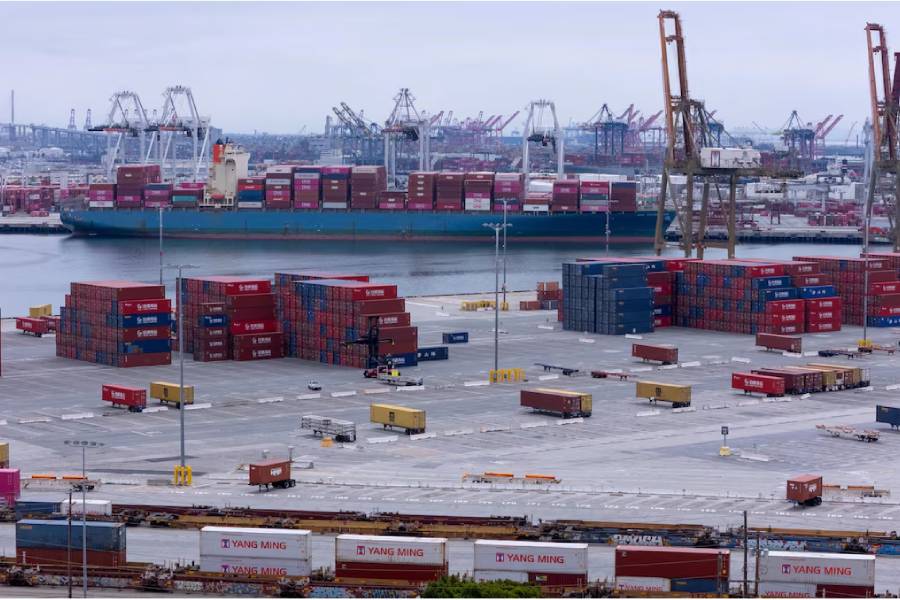 A drone view shows shipping containers from China at the Port of Los Angeles, in San Pedro, California, U.S., May 1, 2025.