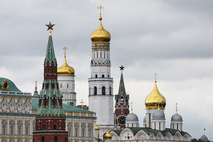 A view shows the domes of a cathedral and towers at the Kremlin in central Moscow, Russia, May 19, 2025.