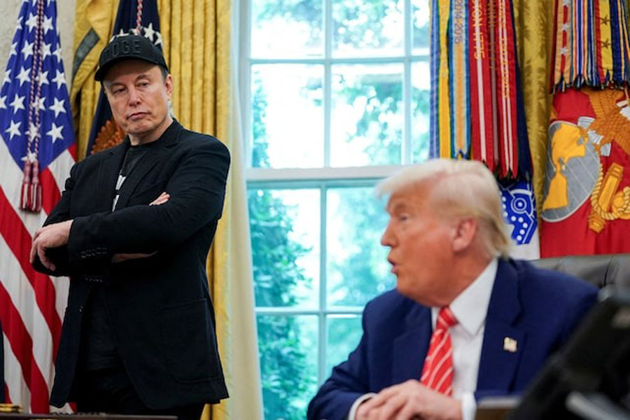 US President Donald Trump and Elon Musk attend a press conference in the Oval Office of the White House in Washington, DC, US, May 30, 2025.
