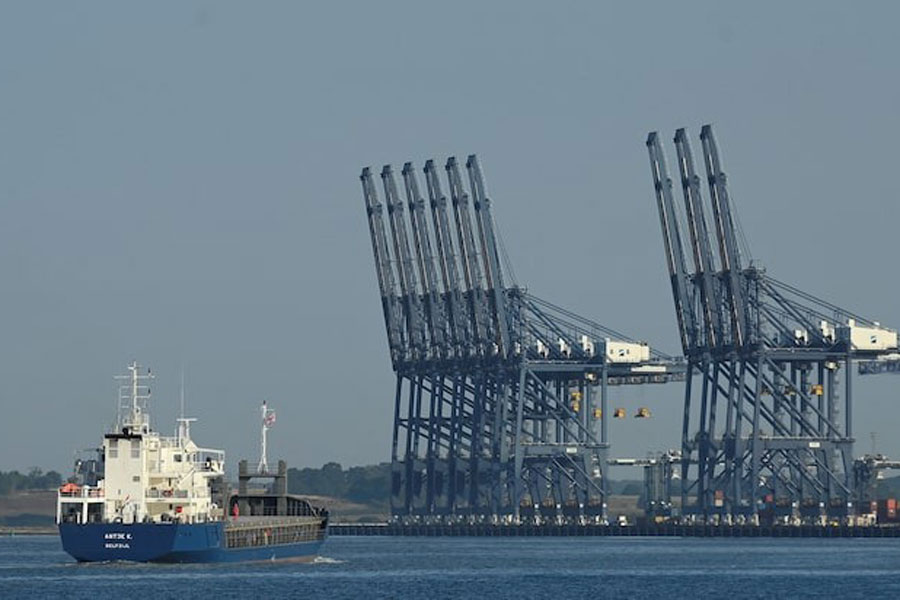 An empty cargo ship approaches UK's biggest container port Felixstowe, Britain, August 22, 2022.
