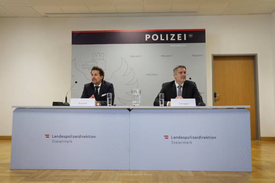 Arnulf Rumpold, media spokesperson for the Graz Public Prosecutor's Office and Michael Lohnegger, Head of the Styrian State Criminal Police Office attend a press conference, following a deadly shooting at a secondary school, in Graz, Austria, June 12, 2025.