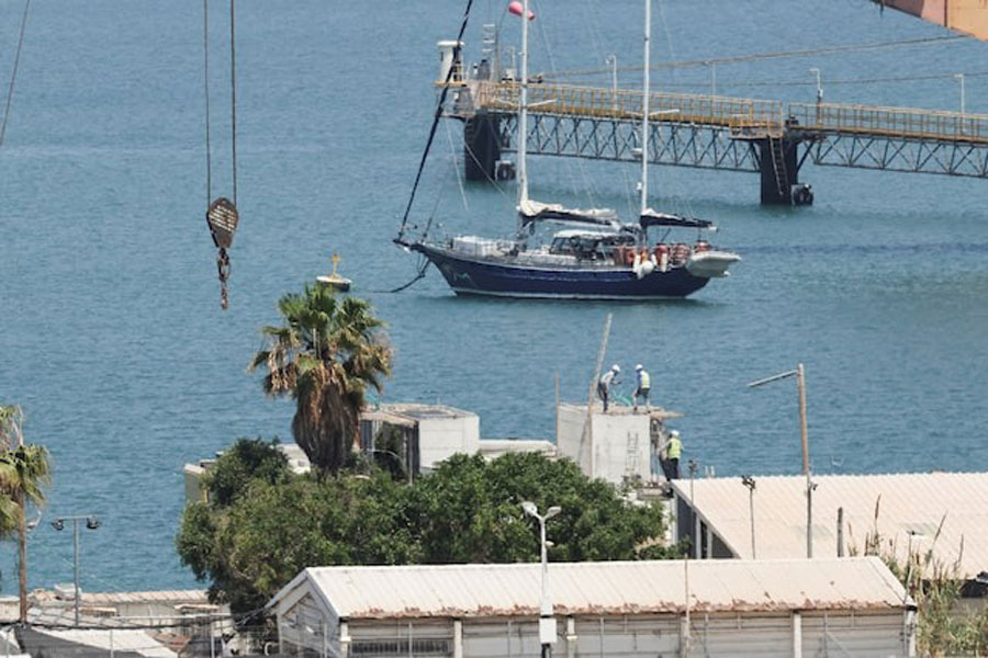 Gaza-bound British-flagged yacht "Madleen" is docked in Ashdod port following a takeover by the Israeli army, in Ashdod, Israel, June 10, 2025.