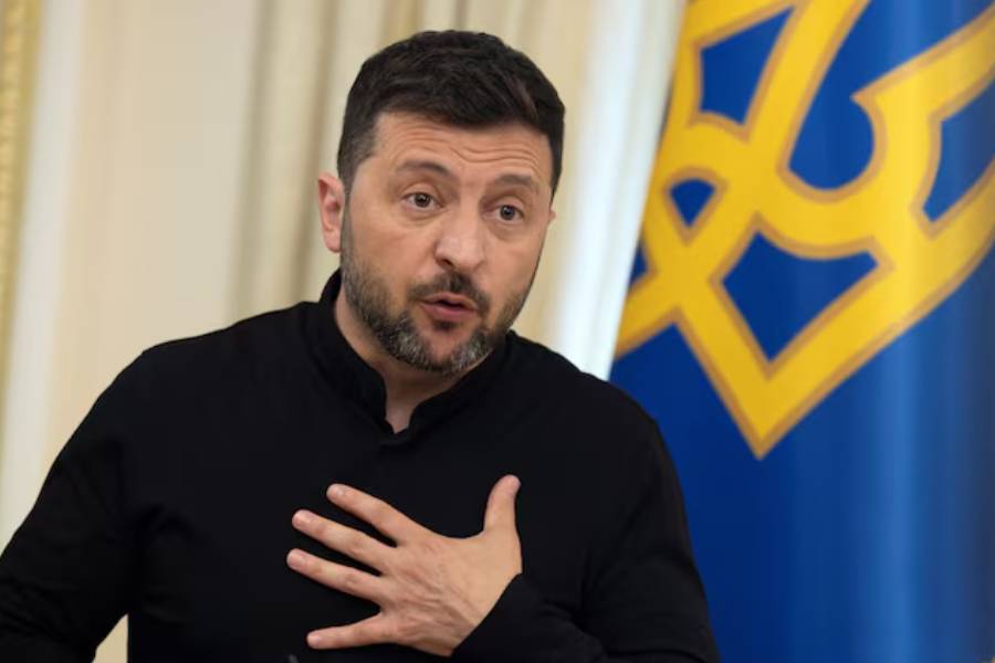 Ukraine's President Volodymyr Zelenskiy speaks during a joint press conference with German Defence Minister Boris Pistorius (not pictured) after talks, amid Russia's attack on Ukraine, in Kyiv, Ukraine June 12, 2025.