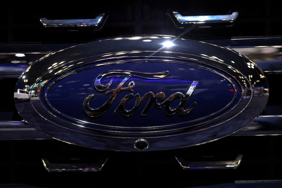 A Ford automobile logo is seen during the New York International Auto Show Press Preview in New York City, US, April 16, 2025.