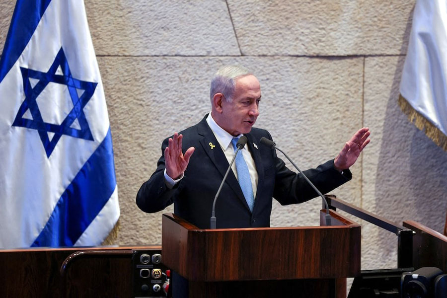 Israeli Prime Minister Benjamin Netanyahu speaks during a Plenum session of the Knesset, Israel's Parliament, also attended by Argentine President Javier Milei, in Jerusalem, June 11, 2025.