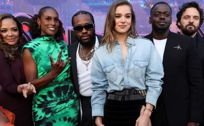 Cast members Issa Rae, Lauren Velez, Shameik Moore, Daniel Kaluuya, Jake Johnson and Hailee Steinfeld attend the premiere for Spider-Man: Across the Spider-Verse in Los Angeles, California, US, May 30, 2023. REUTERS