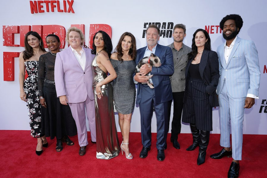 Cast members Arnold Schwarzenegger, Fabiana Udenio, Monica Barbaro, Barbara Eve Harris, Fortune Feimster, Aparna Brielle, Travis Van Winkle, Carrie-Anne Moss and Milan Carter attend a premiere for season 2 of the television series FUBAR in Los Angeles, California, US, June 11, 2025.