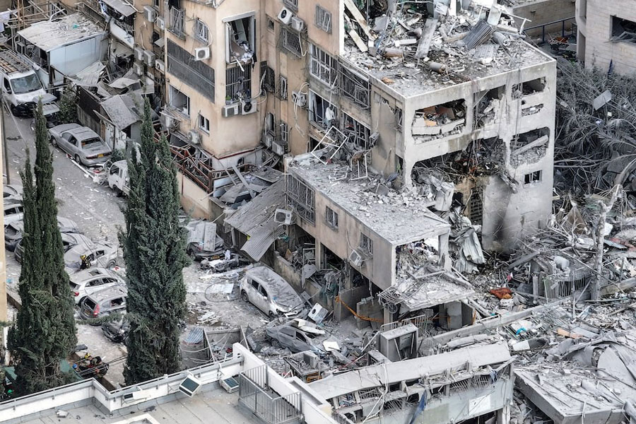 A drone photo shows the damage over residential homes and a school at the impact site following a missile attack from Iran on Israel, in Bnei Brak, Israel June 16, 2025.