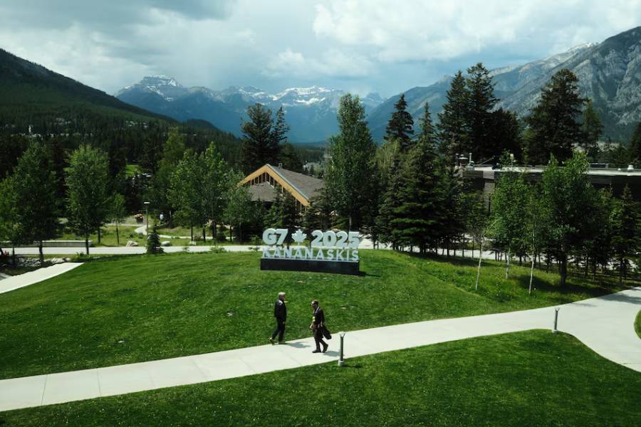 A backdrop sign for the G7 Leaders Summit in the Rocky Mountains resort of Kananaskis is seen outside the media center in Banff, Alberta, Canada June 15, 2025.