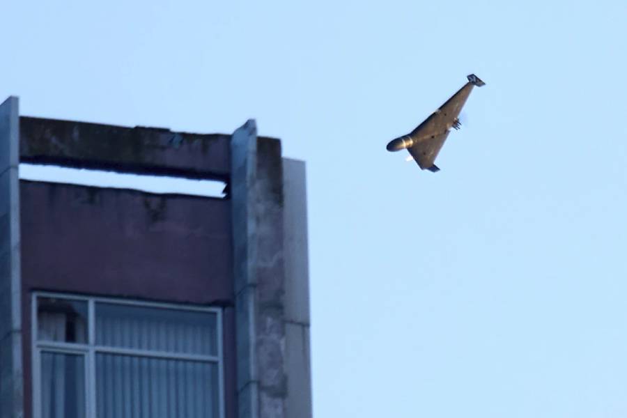 A Russian drone attacks a building during Russia's massive missile and drone air attack in Kyiv, Ukraine, Tuesday, June 17, 2025.