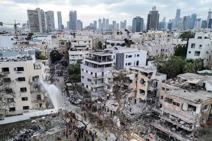 A drone photo shows the damage over residential homes at the impact site following missile attack from Iran on Israel, in Tel Aviv, Israel Jun 16, 2025.