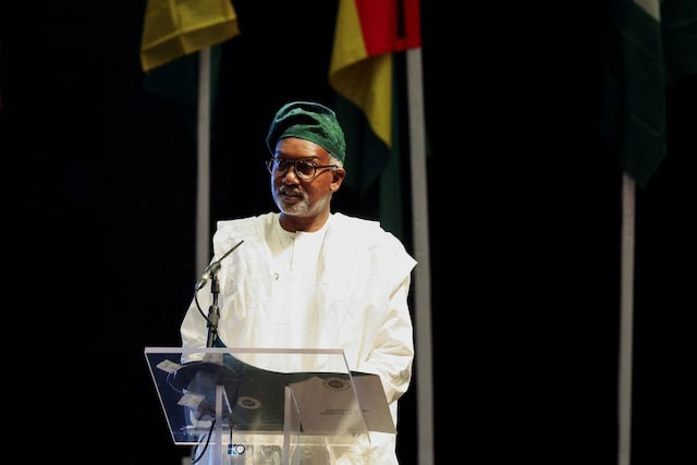 Nigeria's Minister of Foreign Affairs, Ambassador Yusuf Tuggar, delivers his speech at the Economic Community of West African States (ECOWAS) golden jubilee celebration of the regional bloc in Nigeria's commercial capital, Lagos, Nigeria, May 28, 2025.