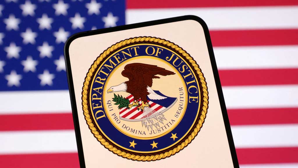 FILE PHOTO: United States Department of Justice logo and US flag are seen in this illustration taken Apr 23, 2025. REUTERS/Dado Ruvic/Illustration/File Photo