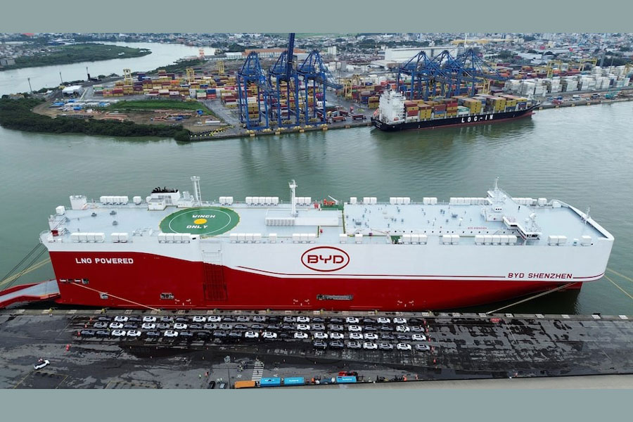 A drone view shows a BYD vessel docking to deliver vehicles at the Itajai port in Santa Catarina, Brazil May 28, 2025.