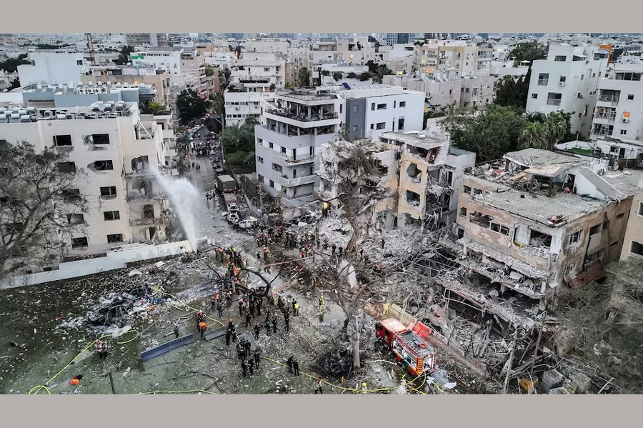 A drone photo shows the damage over residential homes at the impact site following missile attack from Iran on Israel, in Tel Aviv, Israel June 16, 2025.
