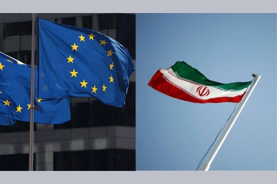 A combined image of EU flag (left) and Iran flag (right).
