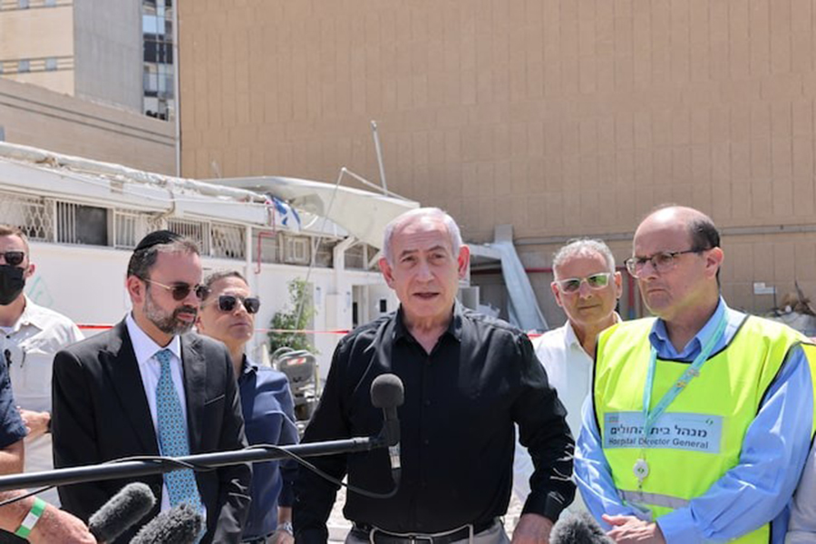 Israeli Prime Minister Benjamin Netanyahu visits the Soroka hospital complex, after it was hit by a missile fired from Iran, in Beer Sheva, Israel on 19 June 2025 — Pool via REUTERS