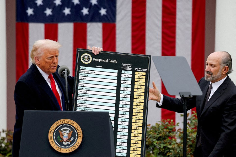 US President Donald Trump holds a chart next to US Secretary of Commerce Howard Lutnick as Trump delivers remarks on tariffs in the Rose Garden at the White House in Washington, DC, US, April 2, 2025.