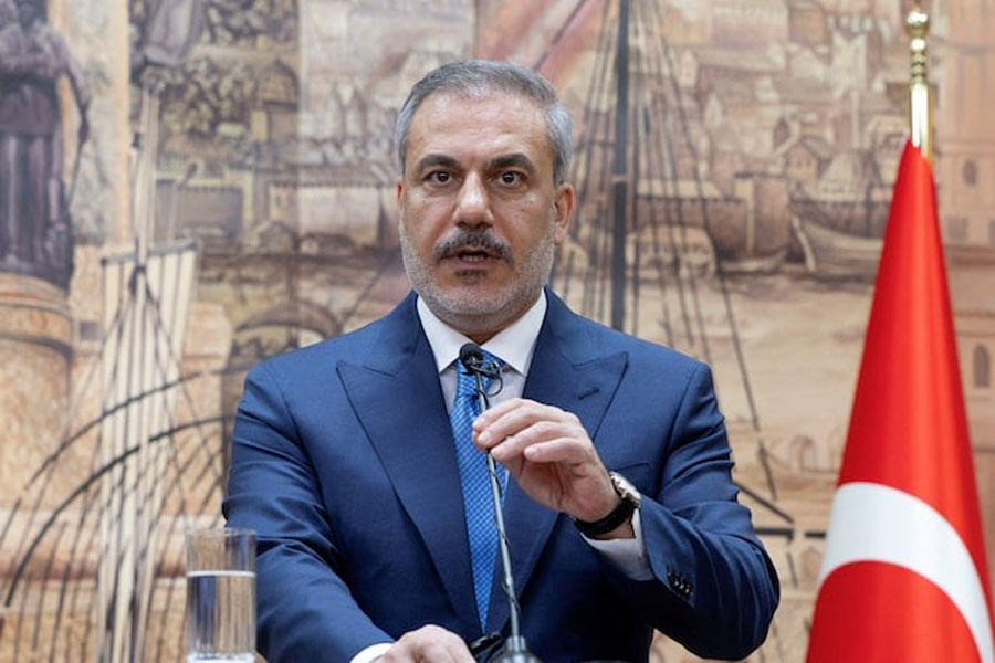 Turkey's Foreign Minister Hakan Fidan talks during a joint news conference with Saudi Arabia Foreign Minister Prince Faisal bin Farhan Al Saud (not pictured) in Istanbul, Turkey, July 14, 2024.
