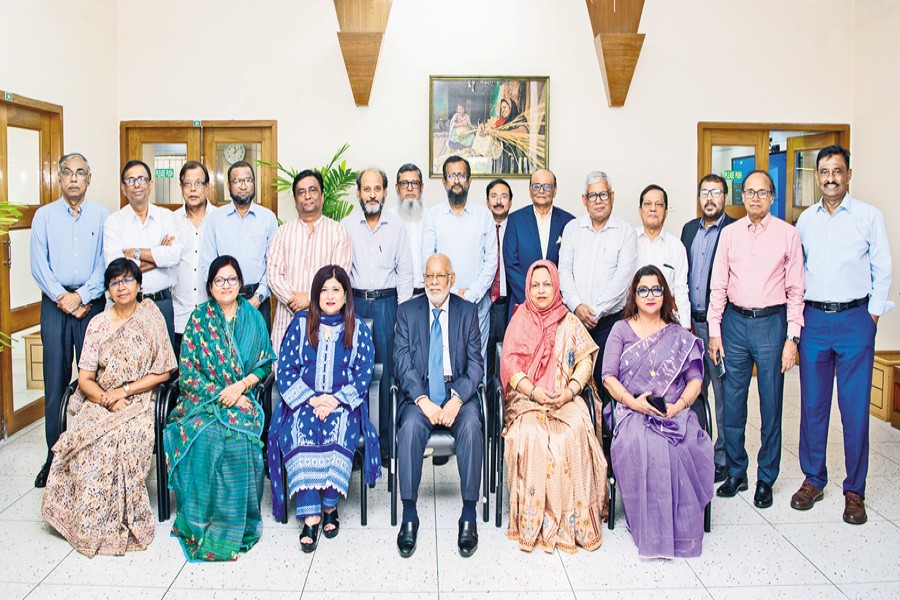The members of PKSF's General Body and Governing Body pose for a photo session, as a draft of the 'PKSF Strategic Plan (2025-2030)' was presented before them at a meeting at the PKSF Bhaban in the capital on Sunday