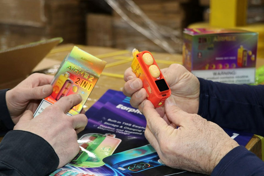 Unauthorized Chinese-made vapes seized in a raid outside of Chicago, Illinois, US, by members of the Food and Drug Administration (FDA) and US Customs and Border Protection (CBP) are shown in this handout photo released to Reuters June 17, 2025.