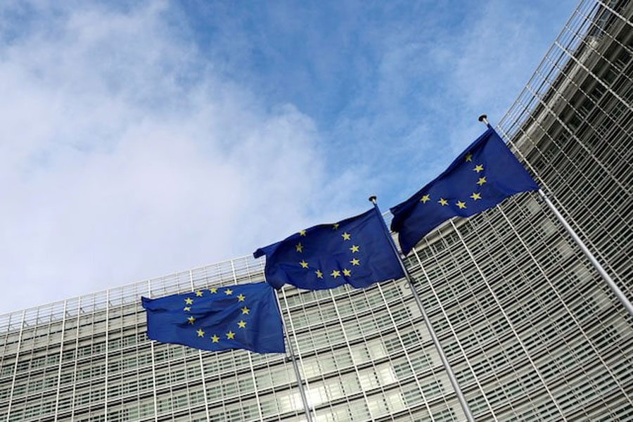 European Union flags fly outside the European Commission in Brussels, Belgium November 8, 2023.