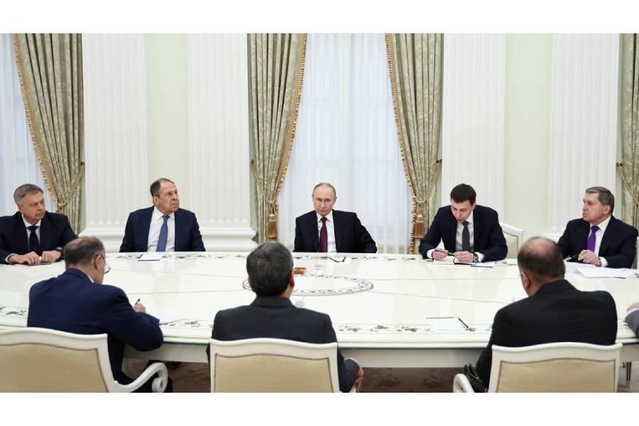 Russian President Vladimir Putin attends a meeting with Iranian Foreign Minister Abbas Araqchi, as Head of the Russian General Staff’s Main Intelligence Directorate Igor Kostyukov, Russian Foreign Minister Sergei Lavrov and Presidential Aide Yury Ushakov sit nearby, at the Kremlin in Moscow, Russia Jun 23, 2025.