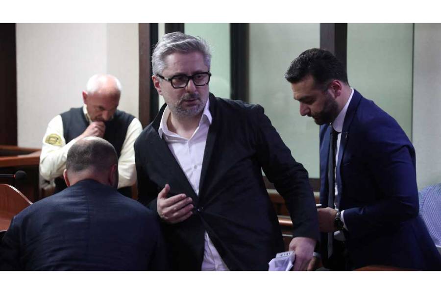 Georgian opposition politician and lawyer Nika Gvaramia attends a court hearing during the trial of Zurab Japaridze, a Coalition for Change opposition party’s leader accused of failing to appear before a parliamentary inquiry, attends a court hearing in Tbilisi, Georgia, May 22, 2025.