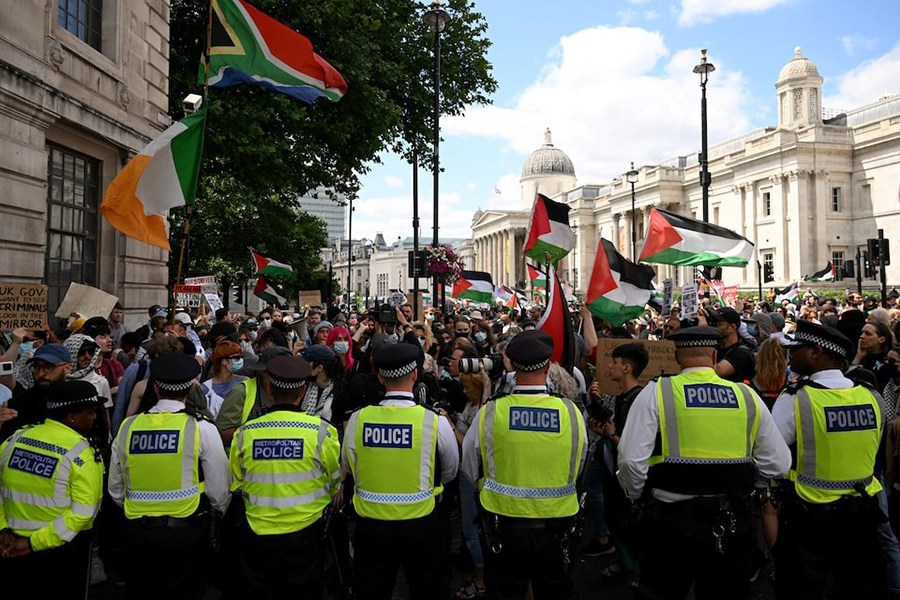 Police officers block a street as pro-Palestinian demonstrators gather in protest against Britain's Home Secretary Yvette Cooper's plans to proscribe the "Palestine Action" group in the coming weeks, in London, Britain on June 23, 2025 — Reuters photo