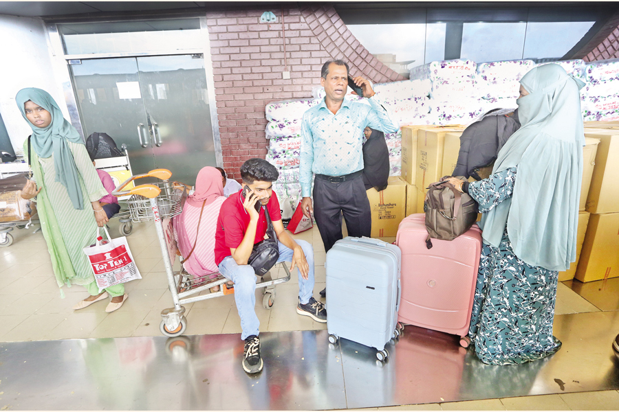 A number of passengers were left stranded at Hazrat Shahjalal International Airport, as at least 11 international flights of different airlines bound for Middle Eastern countries were rescheduled since Monday night due to the Iran-Israel conflict. The photo was taken on Tuesday. — FE Photo by K Asad-Uz-Zaman