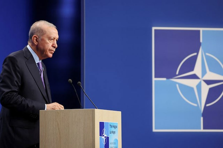 Turkey's President Tayyip Erdogan speaks during a press conference at the NATO summit in The Hague, Netherlands June 25, 2025.