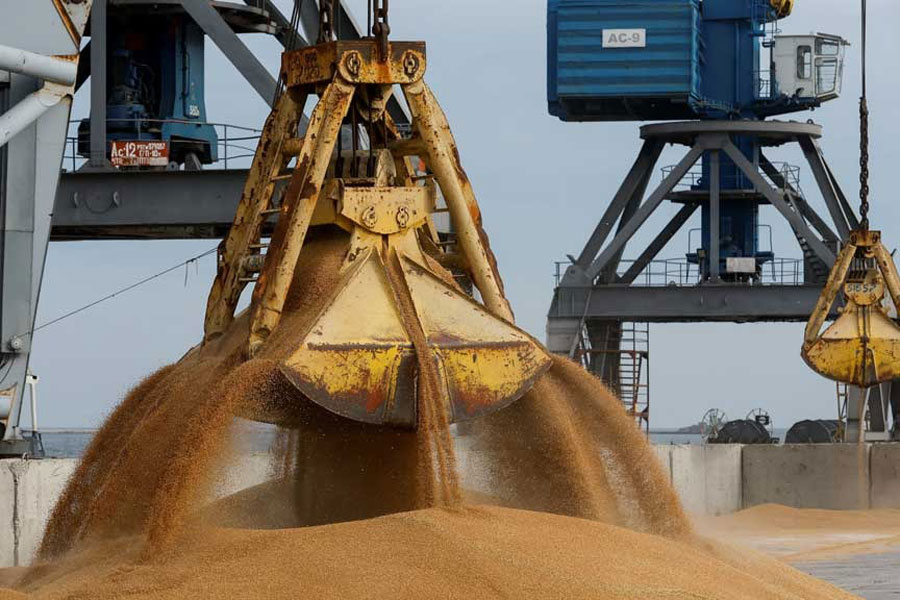 A crane loads wheat grain into the cargo vessel Mezhdurechensk before its departure for the Russian city of Rostov-on-Don in the course of Russia-Ukraine conflict in the port of Mariupol, Russian-controlled Ukraine, Oct 25, 2023.
