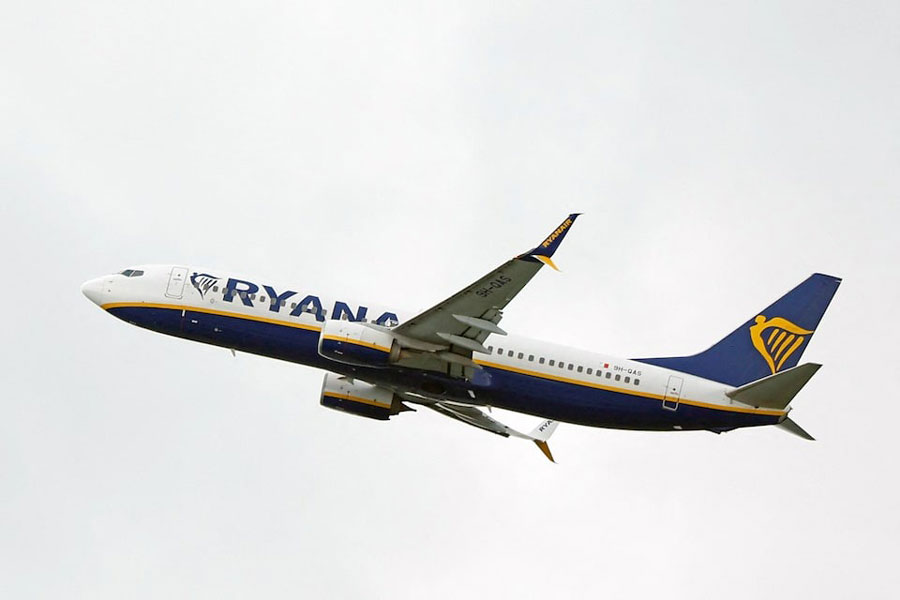 A Ryanair aeroplane takes off from Dublin Airport, a day after a fire at an electrical substation wiped out the power at Heathrow airport, in Dublin, Ireland March 22, 2025.