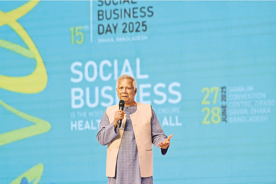 Chief Adviser Professor Muhammad Yunus speaks at the inaugural session of the 15th edition of Social Business Day at Zirabo in Savar on Friday. — Focus Bangla