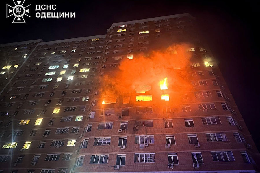 A view shows an apartment building hit by a Russian drone strike, amid Russia's attack on Ukraine, in Odesa, Ukraine, in this handout picture released on June 28, 2025.