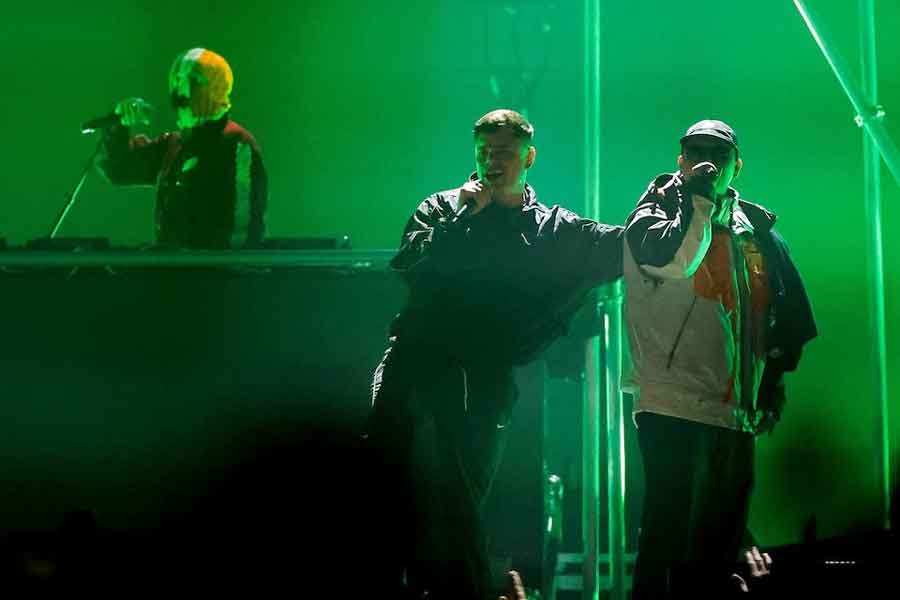 Irish rap group Kneecap perform on stage at the Fairview Park music festival, in Dublin, Ireland, June 19, 2025.