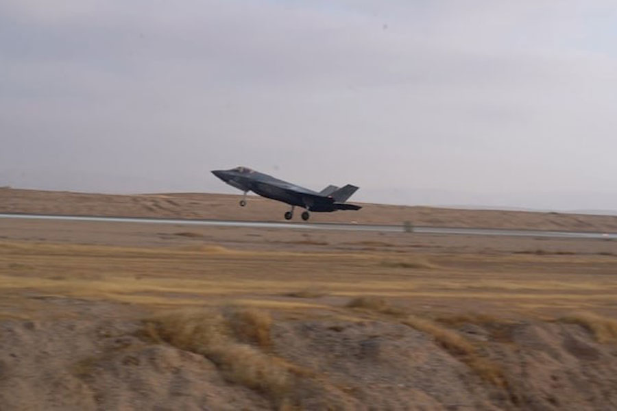 Israeli Air Force F-35 Lightning 'Adir' fighter jet lands at a location given as Nevatim Airbase after an aerial defense mission, in Israel, in this screen grab taken from a handout video released on April 14, 2024.