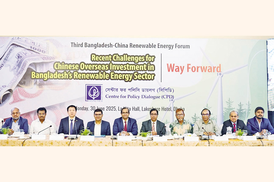The Centre for Policy Dialogue (CPD) organised the 3rd Bangladesh-China Renewable Energy Forum dialogue titled 'Recent Challenges for Chinese Overseas Investment in Bangladesh's Renewable Energy Sector: Way Forward' at a city hotel on Monday. CPD Research Director Dr Khondaker Golam Moazzem and Programme Associate Abrar Ahammed Bhuiyan presented the keynote paper. — Focus Bangla