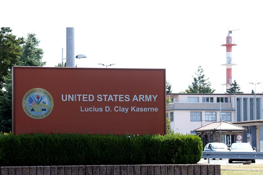 The sign in front of the main entrance of the United States Army's European headquarters, Lucius D. Clay barracks, is pictured in Wiesbaden's Erbenheim district July 18, 2013.
